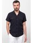 Çizgili Siyah Renk Slim Fit Apaç Yaka Kısa Kollu Keten Erkek Gömlek 1