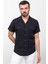 Çizgili Siyah Renk Slim Fit Apaç Yaka Kısa Kollu Keten Erkek Gömlek 4