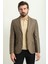 Kareli Kahverengi Slim Fit Mono Yaka Keten Erkek Ceket 3