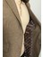 Kareli Kahverengi Slim Fit Mono Yaka Keten Erkek Ceket 5