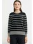 Sıfır Yaka Çizgili Triko Kazak - Siyah 2