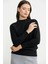 Yünlü Motif Detaylı Dik Yaka Triko Kazak - Siyah 4