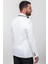 Düz Ekru Rengi Slim Fit Çizgili Geniş Yaka Erkek Damatlık 5