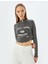 Crop Tişört Uzun Kollu Yarım Fermuarlı Slogan Baskılı Slim Fit 1