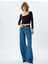 Geniş Paça Kot Pantolon Standart Bel Taşlı Düğmeli Cepli - Wide Leg Jean 1