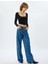 Geniş Paça Kot Pantolon Standart Bel Taşlı Düğmeli Cepli - Wide Leg Jean 2