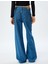 Geniş Paça Kot Pantolon Standart Bel Taşlı Düğmeli Cepli - Wide Leg Jean 4