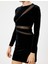 Kadife Elbise Mini Uzun Kollu Bisiklet Yaka Tül Pencere Detaylı Slim Fit 5