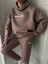 TKM-03630 Kahverengi Wake Up Kabartma Baskılı Kapüşonlu Sweatshirt Jogger Eşofman Üç Iplik Şardonlu Ikili Takım 2