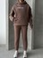 TKM-03630 Kahverengi Wake Up Kabartma Baskılı Kapüşonlu Sweatshirt Jogger Eşofman Üç Iplik Şardonlu Ikili Takım 4