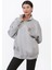Kadın Oversize Gri Sweatshirt Çift Kedi Nakışlı Dik Yaka Yarım Fermuar Ribanalı Pamuk Karışımlı - 10003 1