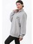 Kadın Oversize Gri Sweatshirt Çift Kedi Nakışlı Dik Yaka Yarım Fermuar Ribanalı Pamuk Karışımlı - 10003 2