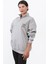 Kadın Oversize Gri Sweatshirt Çift Kedi Nakışlı Dik Yaka Yarım Fermuar Ribanalı Pamuk Karışımlı - 10003 5