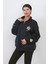 Kadın Oversize Sweatshirt Lacivert Yarım Fermuar Dik Yaka Nakışlı Tasarım Pamuk Karışımlı - 9009 2
