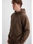 Jorna Erkek 3 Iplik Içi Şardonlu Yumuşacık Çıt Çıt Yakalı Regular Kapüşonlu Acı Kahve Sweatshirt 4