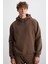 Jorna Erkek 3 Iplik Içi Şardonlu Yumuşacık Çıt Çıt Yakalı Regular Kapüşonlu Acı Kahve Sweatshirt 5