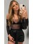 Beatiful Parlak Elmas Taşlı Omuz Detaylı File Kadın Body Bluz 2