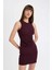 Bodycon Vücuda Oturan Bisiklet Yaka Drapeli Basic Düz Kolsuz Mini Bordo Elbise D3065AX24AU 3