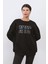 Kadın Oversize Sweatshirt Siyah Nyc Brooklyn Nakışlı Bisiklet Yaka Ribanalı - 9004 2