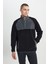 Erkek Siyah-açık Melanj Standart Fit Normal Kesim Dik Bato Yaka Desenli Polar Sweatshirt 1