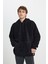 Erkek Siyah Oversize Bol Kesim Kapüşonlu Sherpa Sweatshirt Polar 1