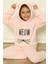 Toz Pembe Meow Desenli Tam Peluş Kız Çocuk Pijama Takımı 1