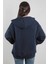 Oversize Kadın Kapüşonlu Sweatshirt Yarım Çıtçıt Kapama Kanguru Cep Lacivert Hoodie - 2591 2