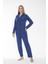 Kadın Kışlık Yıldız Desenli Önden Düğmeli Fitilli Polar Pijama Takımı Koyu Mavi 5