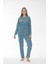 Kadın Kışlık Kurabiye Desenli Fitilli Polar Pijama Takımı Mavi 5