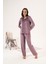 Kadın Kışlık Puantiyeli Önden Düğmeli Kadife Pijama Takımı Lila 3
