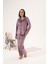 Kadın Kışlık Puantiyeli Önden Düğmeli Kadife Pijama Takımı Lila 5