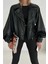 Kadın Siyah Oversize Balon Kol Detaylı Deri Ceket Mont 1