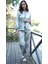 Mavi Saten Gömlekli Kuşaklı Çok Rahat Şık Kadın Saten Pijama Takımı 1