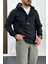 Erkek Slim Fit Krinkıl Kumaş Kanguru Cepli Yarım Fermuarlı Yağmurluk Mont Siyah Edw077 3