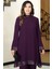 Umay Şifon Tunik Pantolon Ikili Tesettür Takım Mürdüm 2
