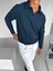 Erkek Rahat Kalıp Fitilli Polo V Yaka Uzun Kollu Sweatshirt Petrol Mavi 3