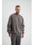 Unisex Uzun Kol Bisiklet Yaka Yıkamalı Sweatshirt - Füme 3