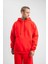 Unisex Double Oversize Kapşonlu Basic Sweatshirt - Kırmızı 5
