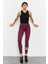 Bordo Yüksek Bel Yazı Baskılı Slim Fit Dar Paça Kadın Tayt - 94544 1
