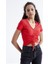 Nar Çiçeği Büzgü Detaylı V Yaka Kadın Crop Top T-Shirt - 97205 3