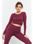 Bordo Yüksek Bel Uzun Kollu Slim Fit Crop Top Kadın Tayt Takım - 95286 6