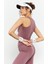 Gül Kurusu Yüksek Bel Kapri-Crop Atlet Slim Fit Kadın Tayt Takım - 95284 2