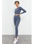 Petrol Yüksek Bel Uzun Kollu Slim Fit Crop Top Kadın Tayt Takım - 95286 1