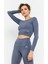 Petrol Yüksek Bel Uzun Kollu Slim Fit Crop Top Kadın Tayt Takım - 95286 3