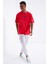 Kırmızı Sırtı Yazı Baskılı O Yaka Erkek Oversize T-Shirt - 88100 5