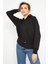 Siyah Beli Büzgülü Kapüşonlu Kadın Oversize Sweatshirt - 97159 1