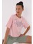 Pembe Asimetrik Yazı Baskılı O Yaka Kadın Oversize T-Shirt - 97136 1