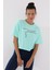 Mint Yeşili Yazı Baskılı Kısa O Yaka Kadın Oversize T-Shirt - 97135 3