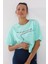 Mint Yeşili Yazı Baskılı Kısa O Yaka Kadın Oversize T-Shirt - 97135 5