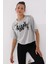Gri Melanj Asimetrik Yazı Baskılı O Yaka Kadın Oversize T-Shirt - 97136 1